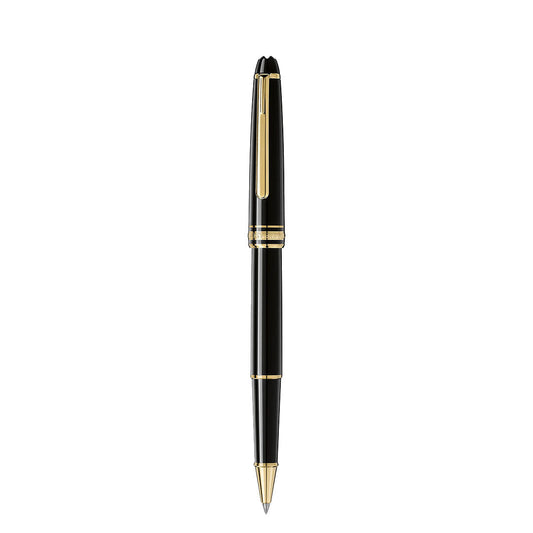 The Montblanc Meisterstück Yellow Gold Coated Rollerball Pen, crafted in black precious resin with gold accents, stands vertically on a plain white background.