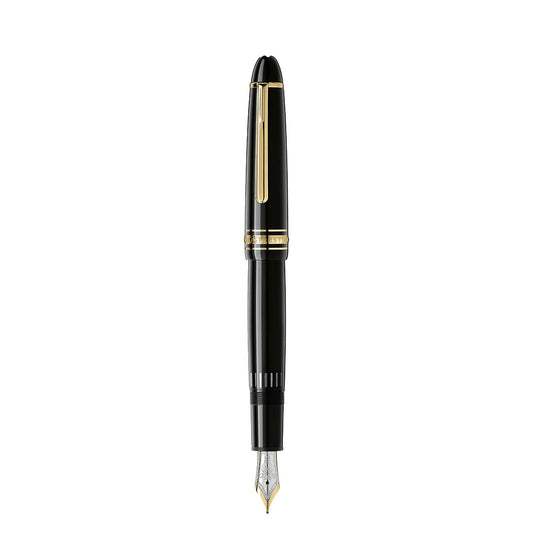 A Montblanc Meistersuck Yellow Gold Coated Legrand Fountain Pen stands upright against a white background, featuring elegant gold trim and a polished silver nib.
