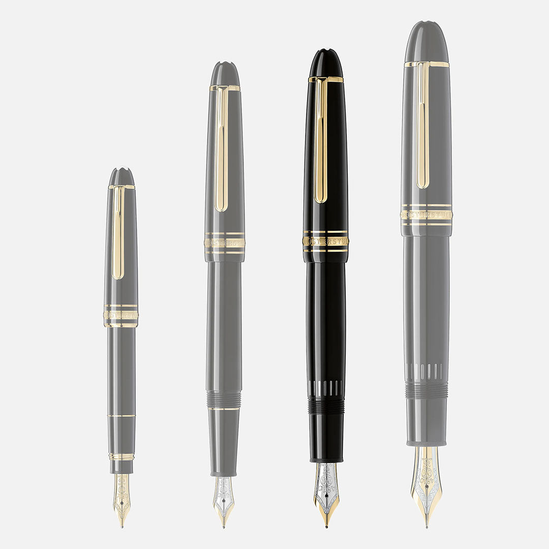 Four Montblanc Meistersuck Yellow Gold Coated LeGrand Fountain Pens are lined up nibs-down. The two center pens by Montblanc are sharply in focus, while the outer ones appear softly blurred, highlighting their black and gold design.