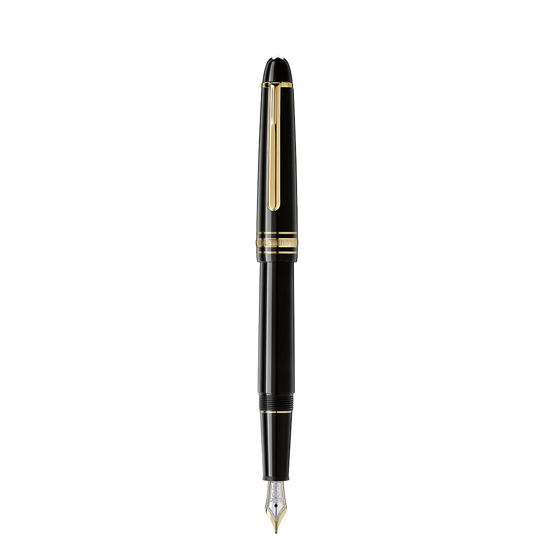 A Montblanc Meisterstuck Yellow Gold Coated Fountain Pen by Montblanc stands vertically against a white background.