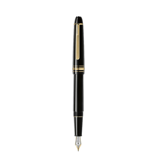 A Montblanc Meisterstuck Yellow Gold Coated Fountain Pen by Montblanc stands vertically against a white background.