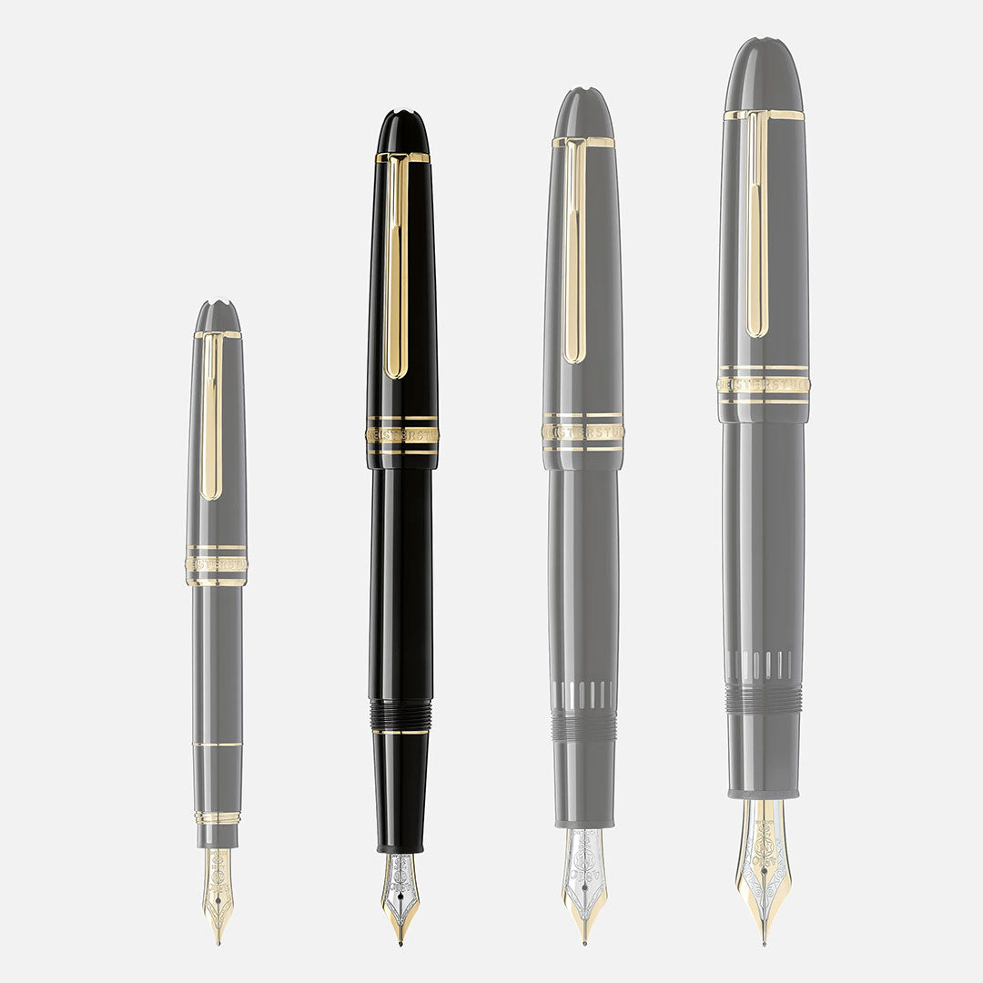 Four fountain pens are displayed in ascending size, left to right. Only the second, a Montblanc Meisterstuck Yellow Gold Coated Fountain Pen, is fully dark and opaque; the rest appear faded and semi-transparent. All have gold accents on a white background.