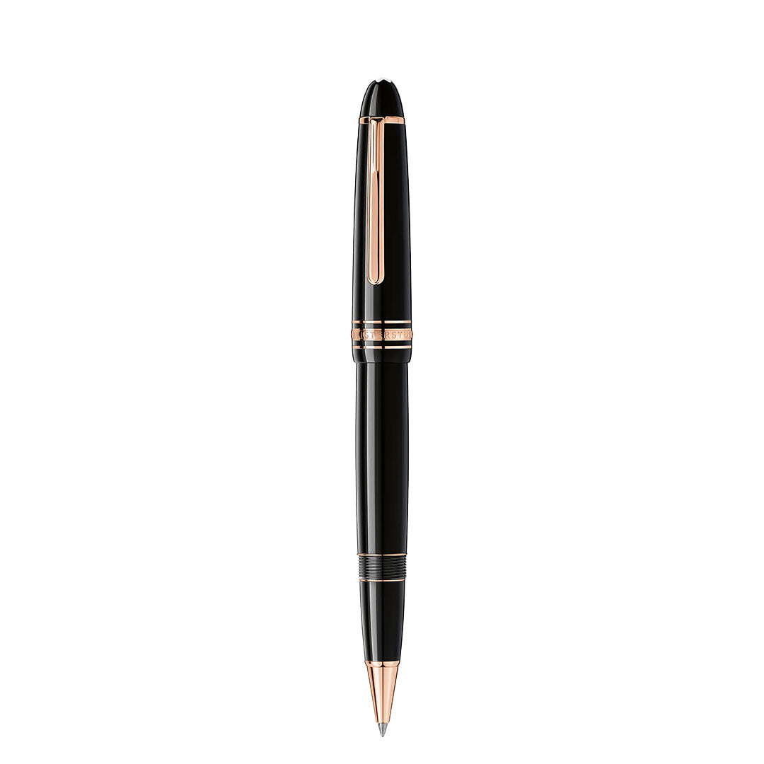 The Montblanc Meisterstuck Rose Gold Coated Legrand Rollerball Pen, with elegant rose gold accents on the clip, band, and tip, stands vertically against a white background.