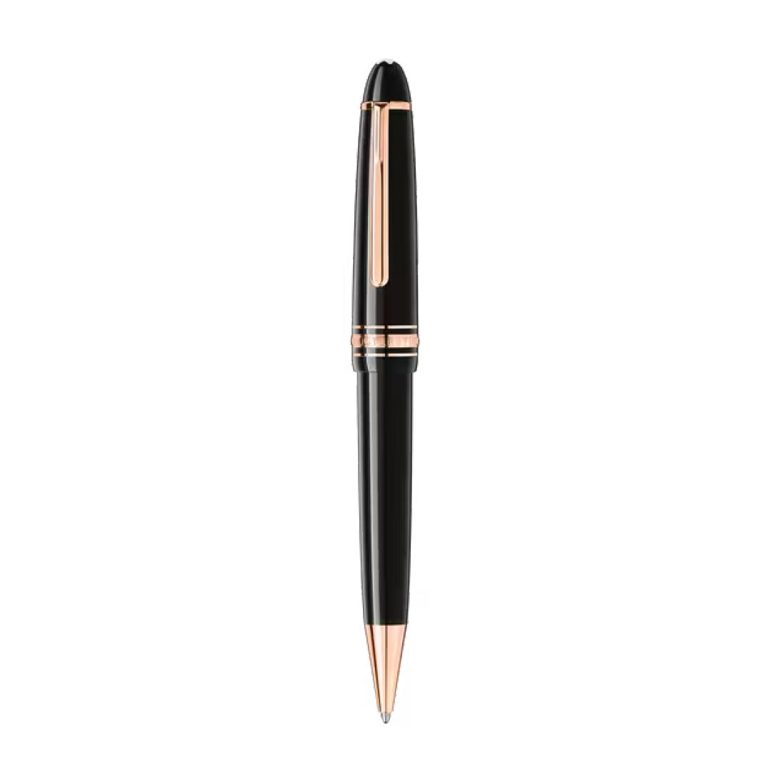 The Montblanc Meisterstück LeGrand Ballpoint Pen by Montblanc, in glossy black and gold, stands vertically against a white background, embodying luxury writing at its best.