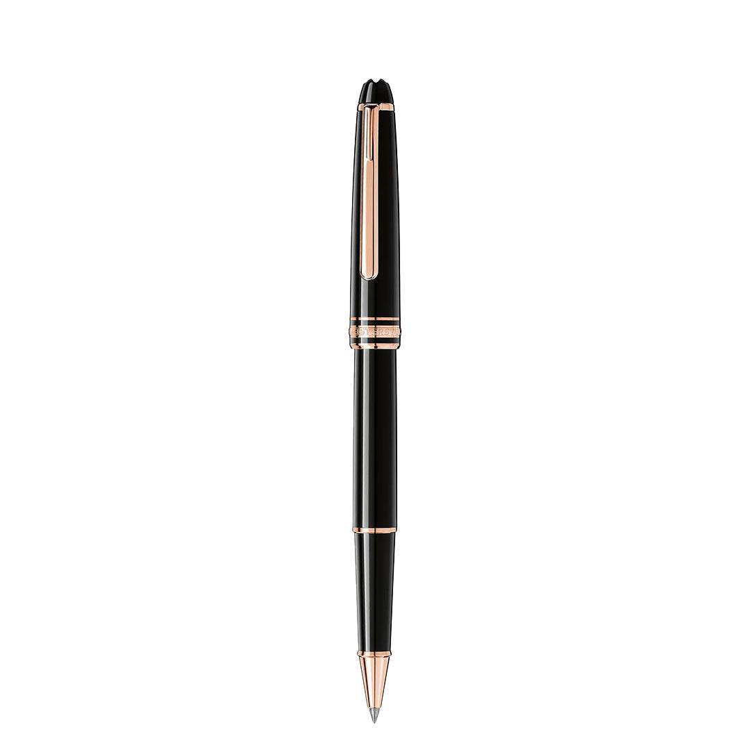 The Montblanc Meisterstück Rose Gold Coated Rollerball Pen, with its black and gold finish and rose-gold-coated accents, rests elegantly against a white background—a true symbol of luxury from Montblanc.