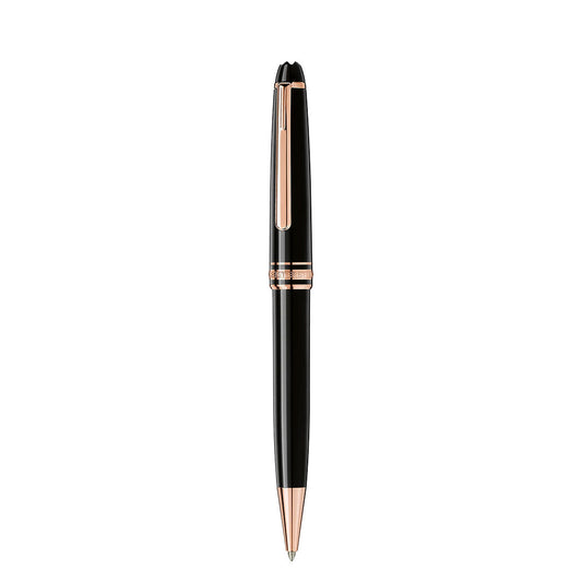 The Montblanc Meisterstuck Rose Gold Coated Ballpoint Pen, featuring luxury rose gold accents, is showcased centered on a plain white background.