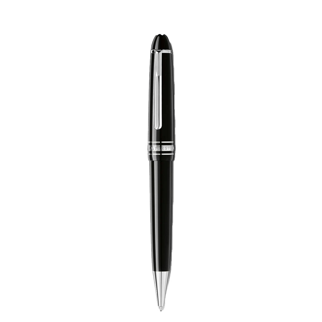 The Montblanc Meisterstück Platinum Coated Midsize Ballpoint Pen, crafted from black precious resin with a platinum-coated clip and tip, is shown standing vertically against a plain white background.