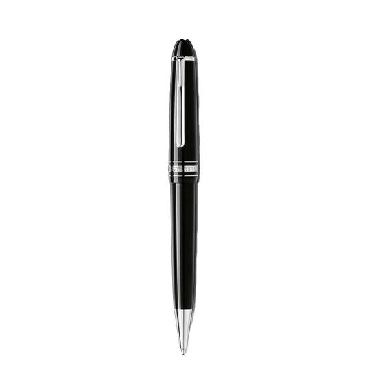The Montblanc Meisterstück Platinum Coated Midsize Ballpoint Pen, crafted from black precious resin with a platinum-coated clip and tip, is shown standing vertically against a plain white background.