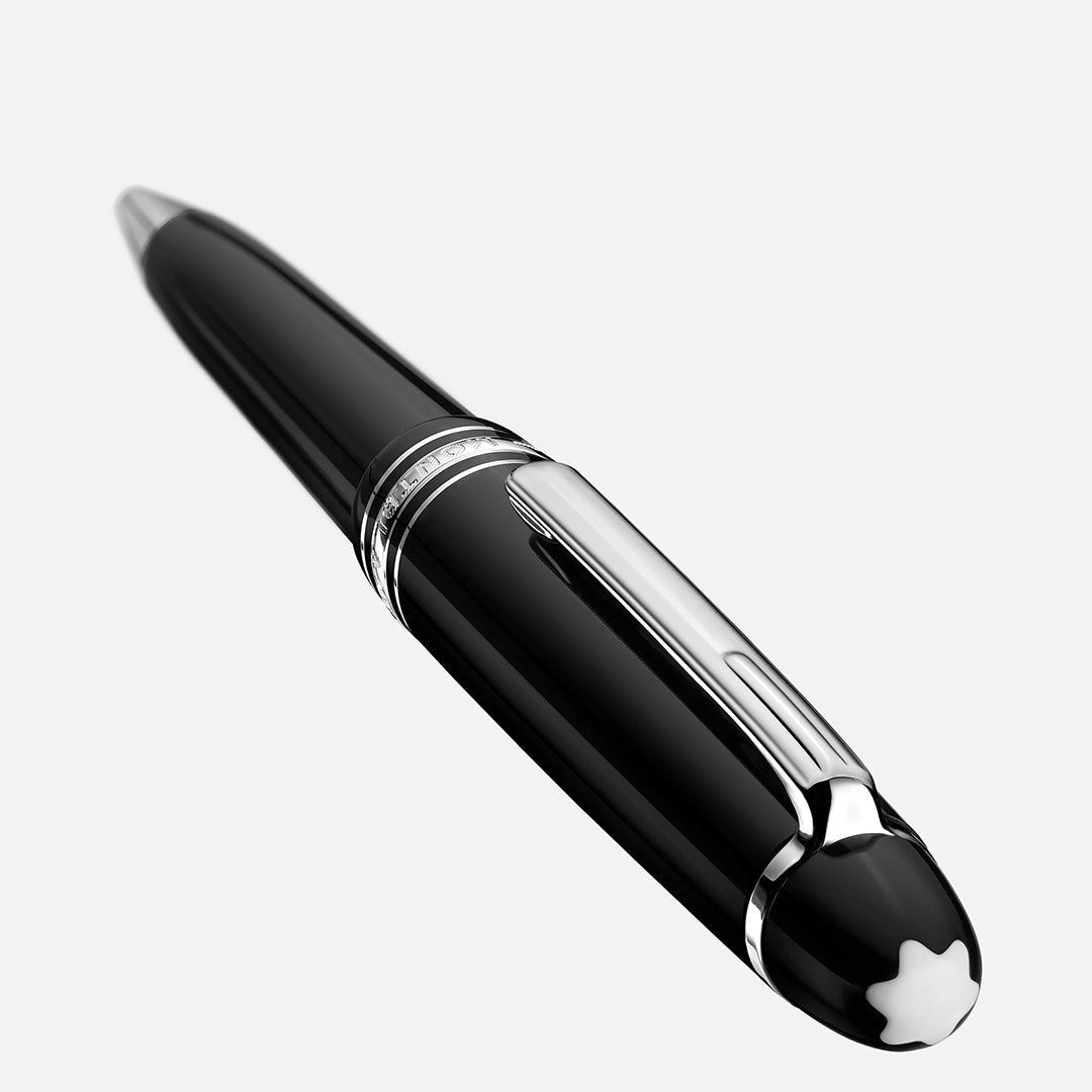 The Montblanc Meisterstuck Platinum Coated Midsize Ballpoint Pen features platinum-coated accents and the signature white star emblem, displayed diagonally on a plain light background.