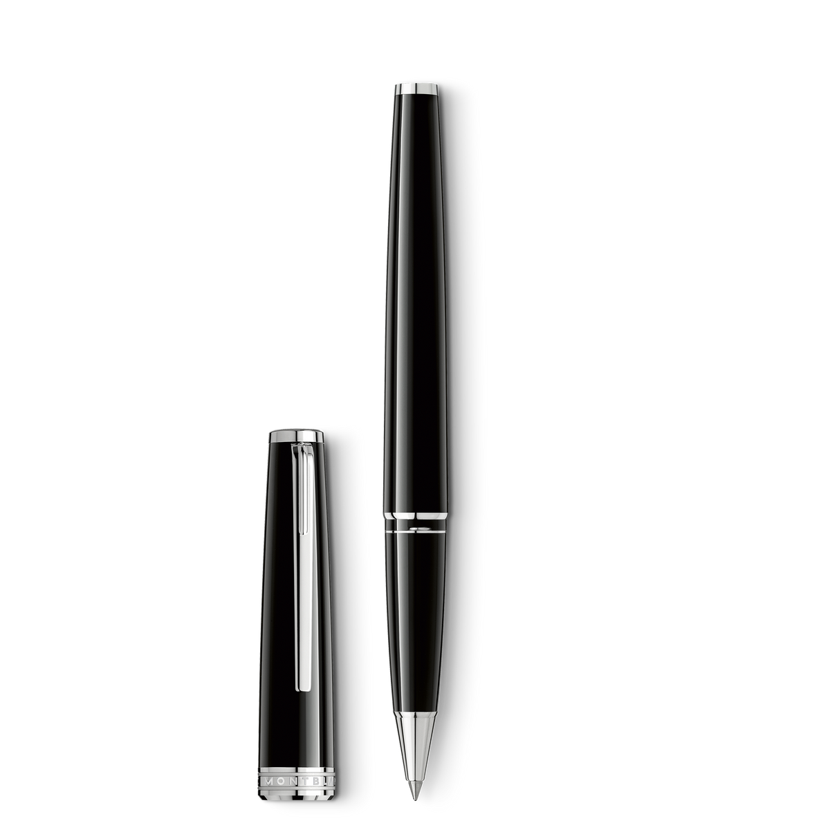 Montblanc PIX Black Rollerball Pen in a Bauhaus design, featuring a black body with silver-tone accents, shown with its cap removed.