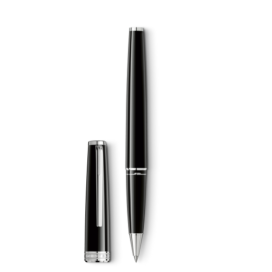 Montblanc PIX Black Rollerball Pen in a Bauhaus design, featuring a black body with silver-tone accents, shown with its cap removed.