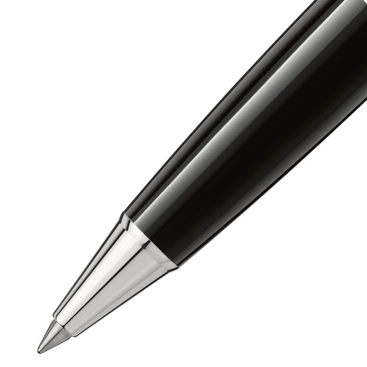 Close-up of a black Montblanc PIX Black Rollerball Pen with a platinum-coated metal tip and tapered barrel.
