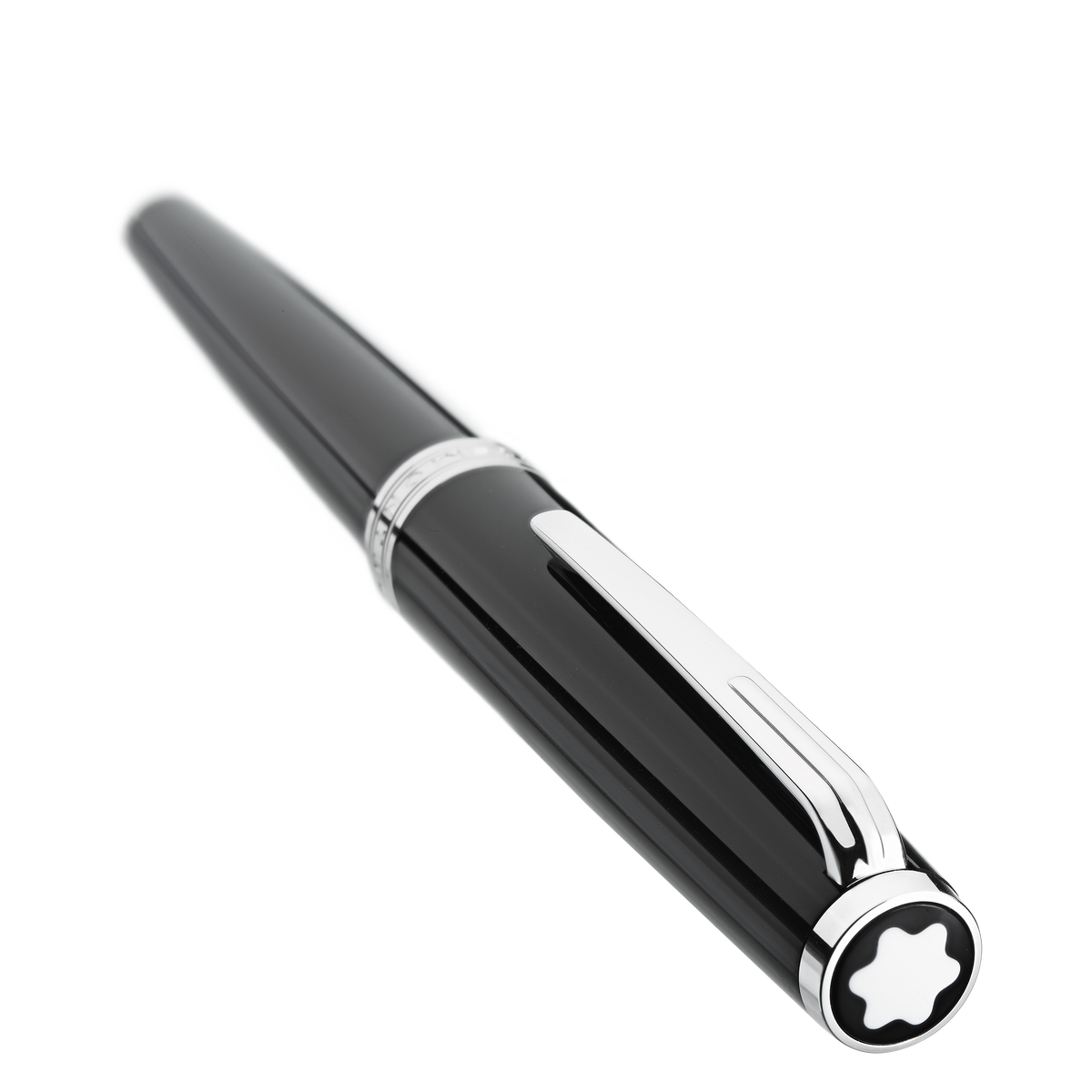 Montblanc PIX Black Rollerball Pen in a black Bauhaus design featuring a silver clip and a white star logo on the cap end.