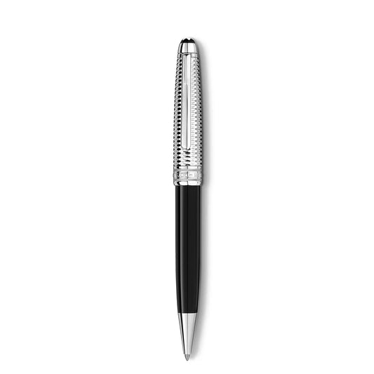 Introducing the Montblanc Meisterstuck Doue Geometry Classique Ballpoint Pen, a sophisticated black and silver writing instrument designed with a textured grip and a lustrous clip. It proudly showcases the iconic Montblanc emblem in a vertical orientation against an understated white backdrop.