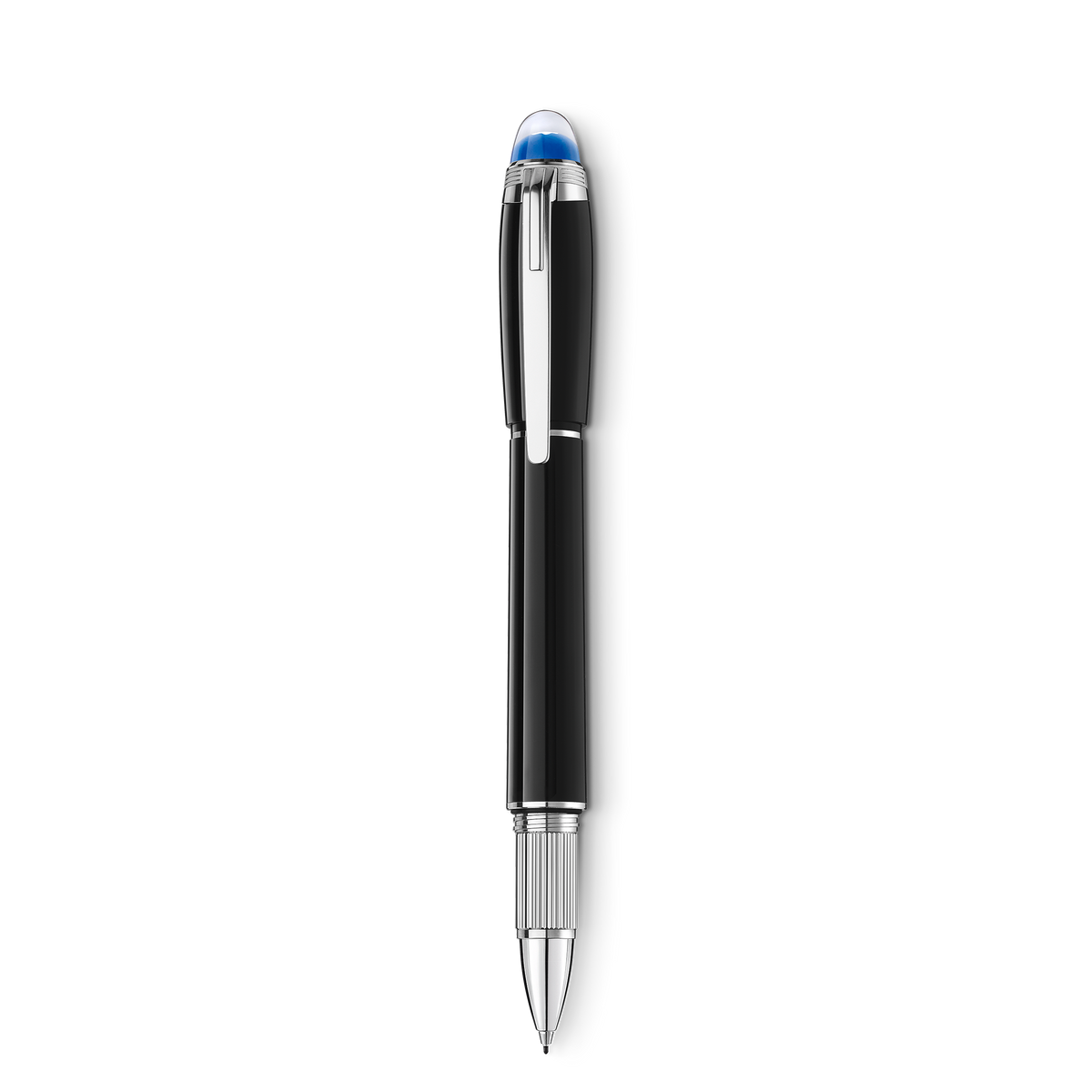 Montblanc StarWalker Precious Resin Fineliner Pen with silver accents and a translucent blue dome at the top of the cap.