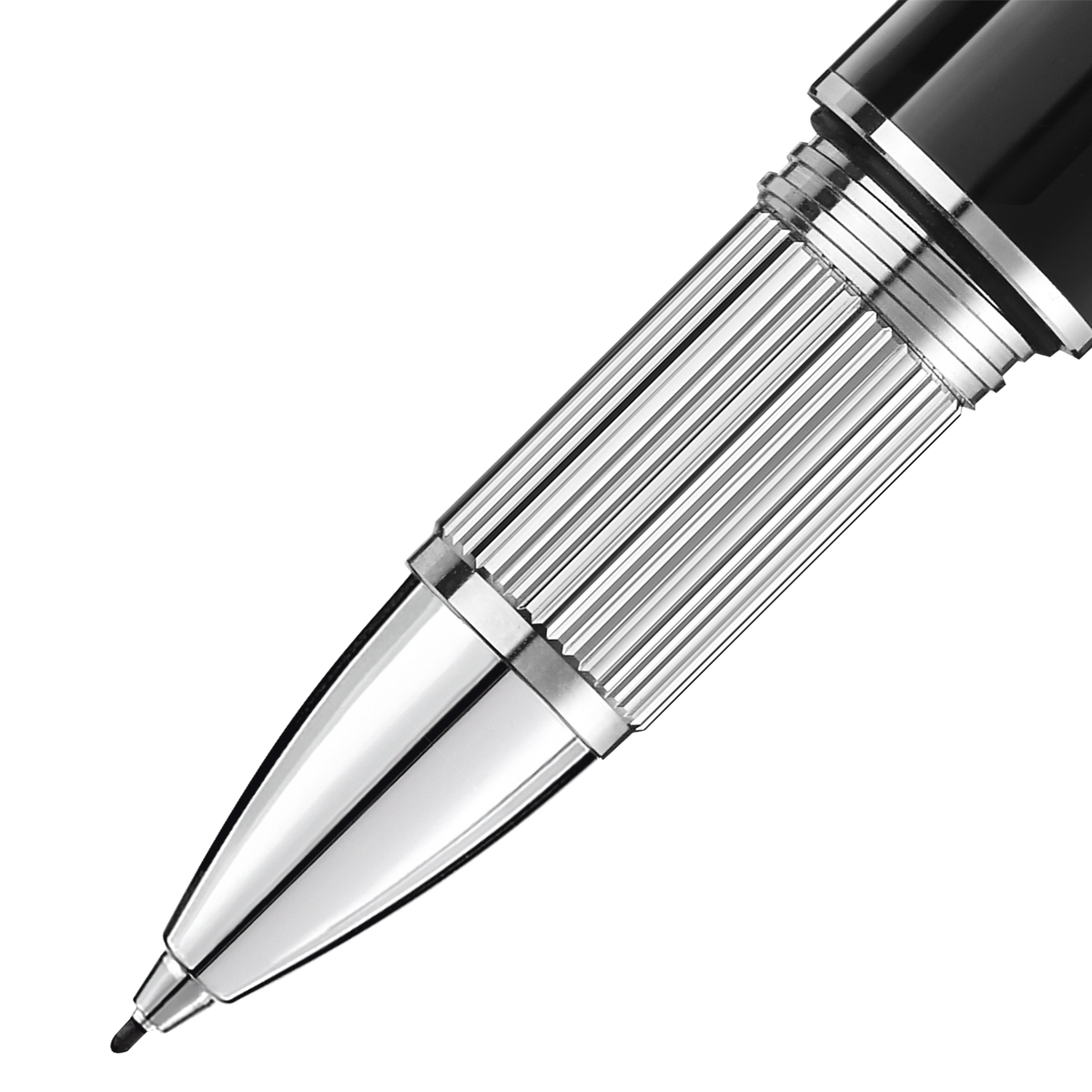 Close-up of a Montblanc StarWalker Precious Resin Fineliner Pen featuring a pointed silver metal tip, a ribbed silver grip section, and a black barrel.