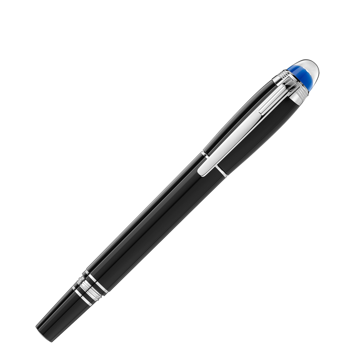 Montblanc StarWalker Precious Resin Fineliner Pen in black with silver accents and a translucent blue dome at the top of the cap.