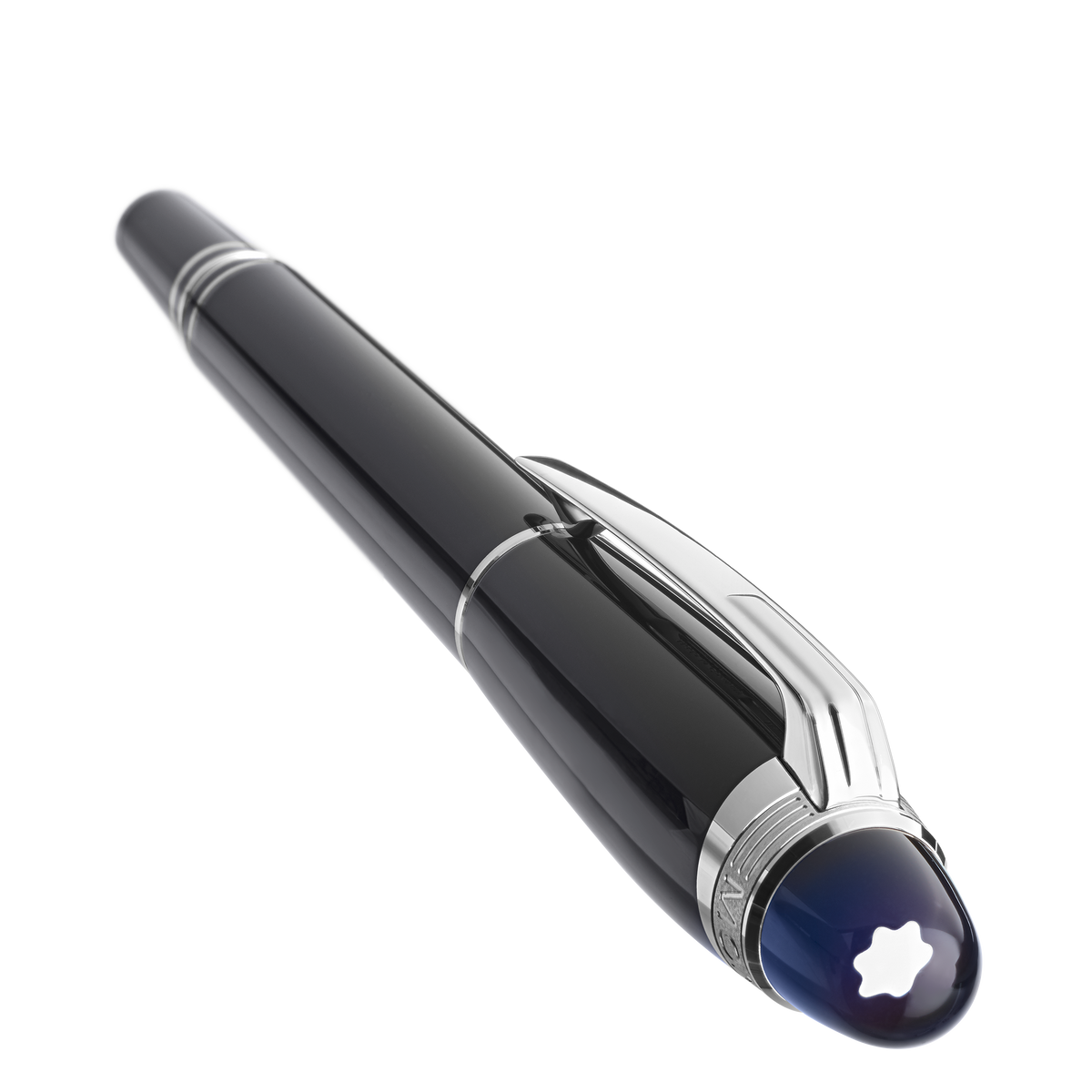 Montblanc StarWalker Precious Resin Fineliner Pen in black with silver accents and a translucent blue dome on the cap featuring a white star emblem.