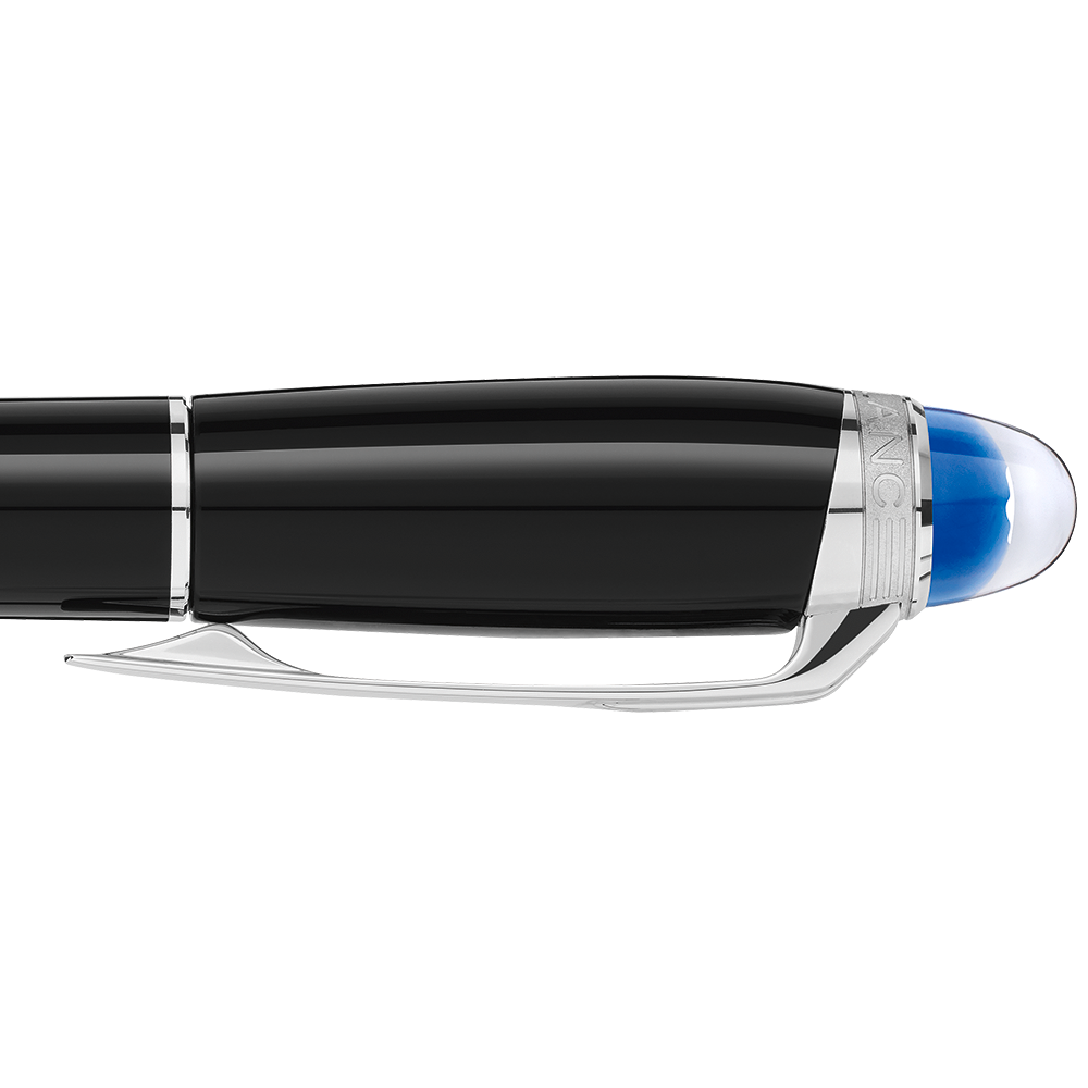 Montblanc StarWalker Precious Resin Fineliner Pen in black with a silver clip and a translucent blue dome at the end of the cap.