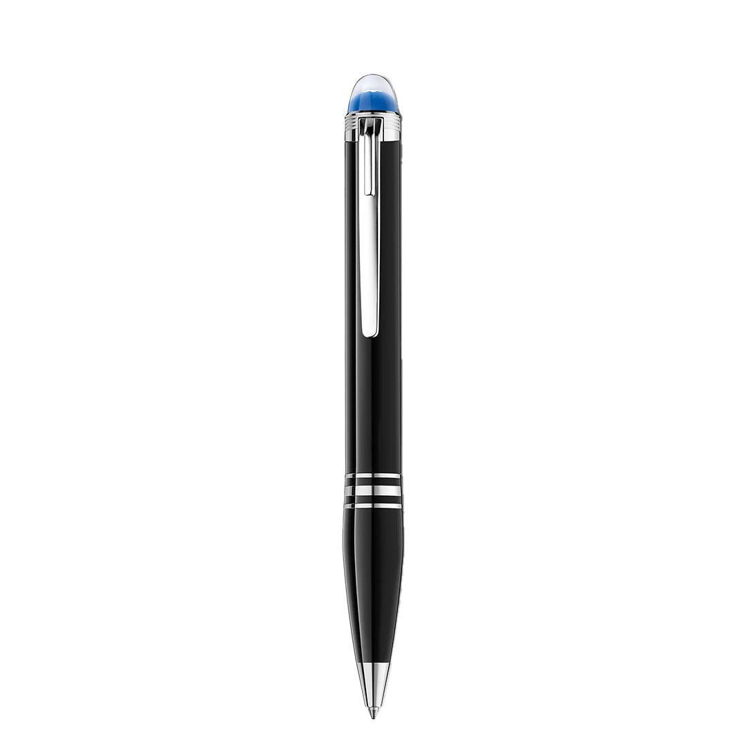 A Montblanc Starwalker Precious Resin Ballpoint Pen, featuring a sleek black design with a silver clip, blue top, and two silver bands near the tip, is centered against a white background.