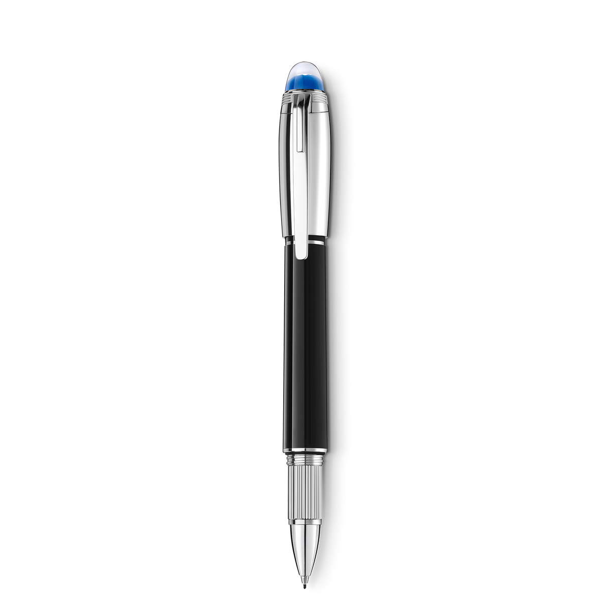 Montblanc StarWalker Doué Fineliner Pen featuring a black body, a silver cap, and a transparent blue dome at the top with the Montblanc emblem.