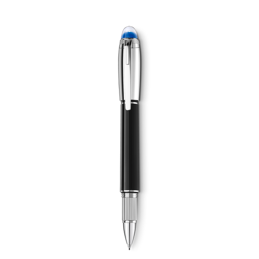 Montblanc StarWalker Doué Fineliner Pen featuring a black body, a silver cap, and a transparent blue dome at the top with the Montblanc emblem.
