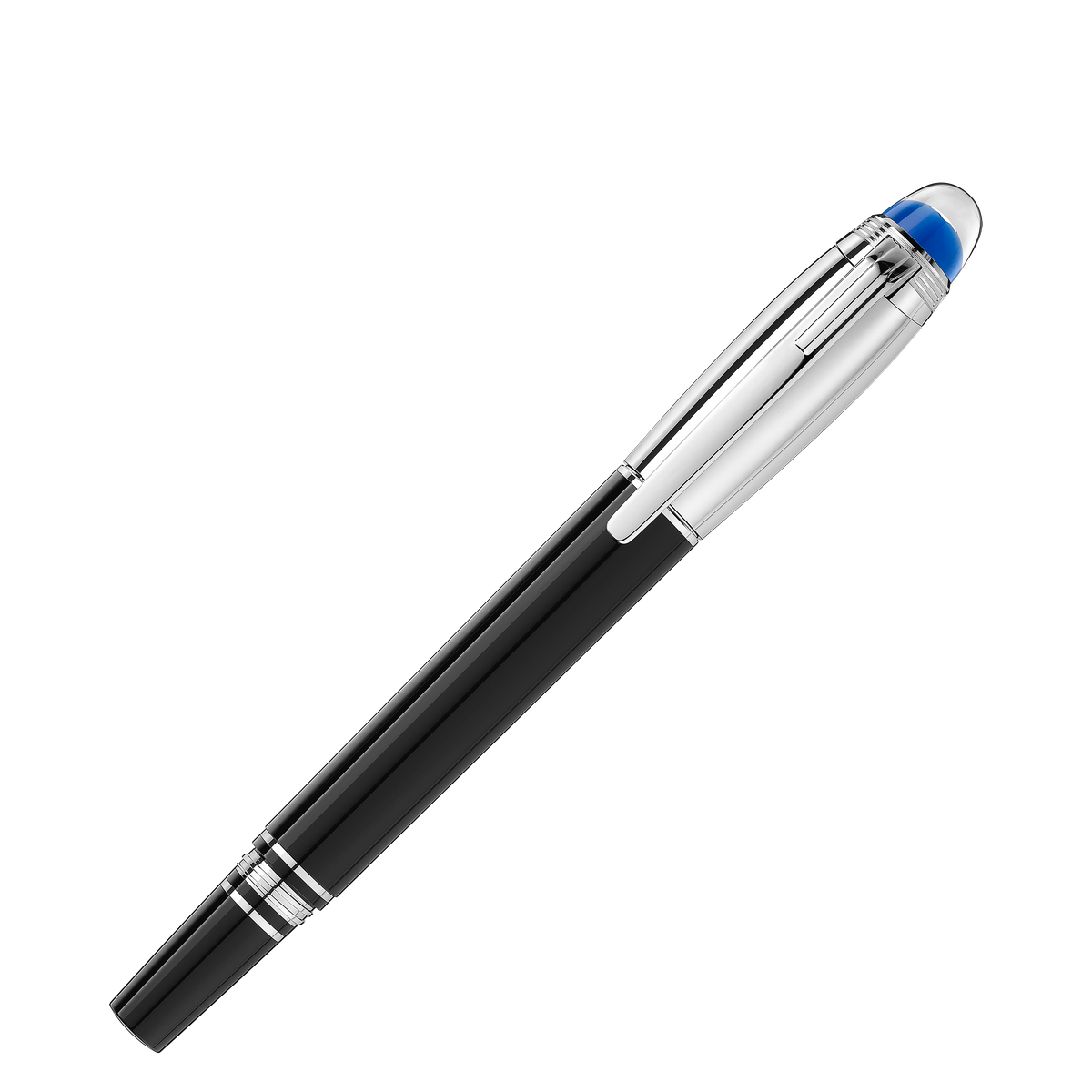 A black Montblanc StarWalker Doué Fineliner Pen with a silver cap and a translucent blue Montblanc emblem dome at the top.