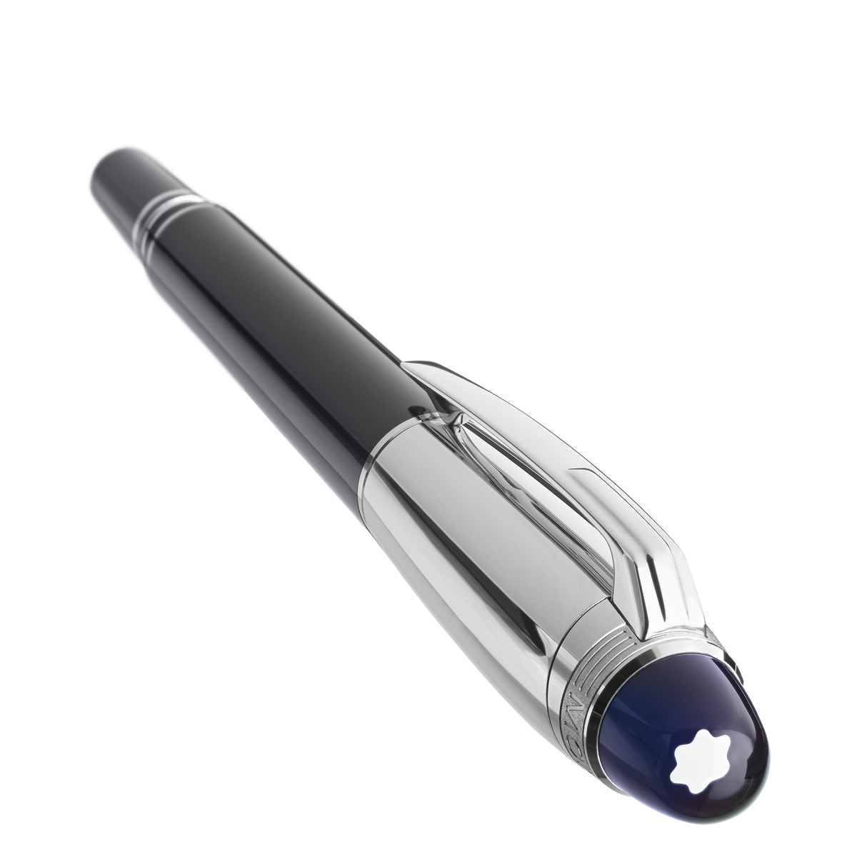 Black and silver Montblanc StarWalker Doué Fineliner Pen featuring a translucent blue dome at the end of the cap with a white star emblem inside.