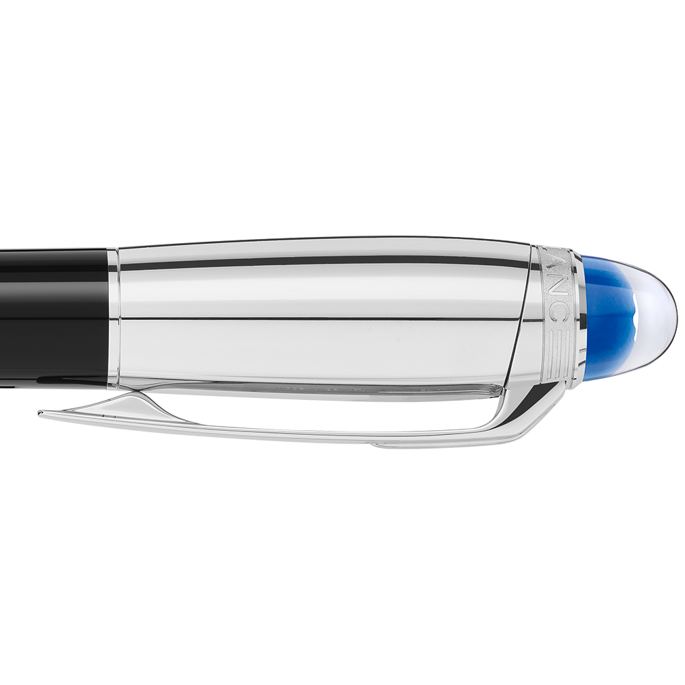 Close-up of a silver Montblanc StarWalker Doué Fineliner Pen cap featuring a clip and a translucent blue dome at the top.
