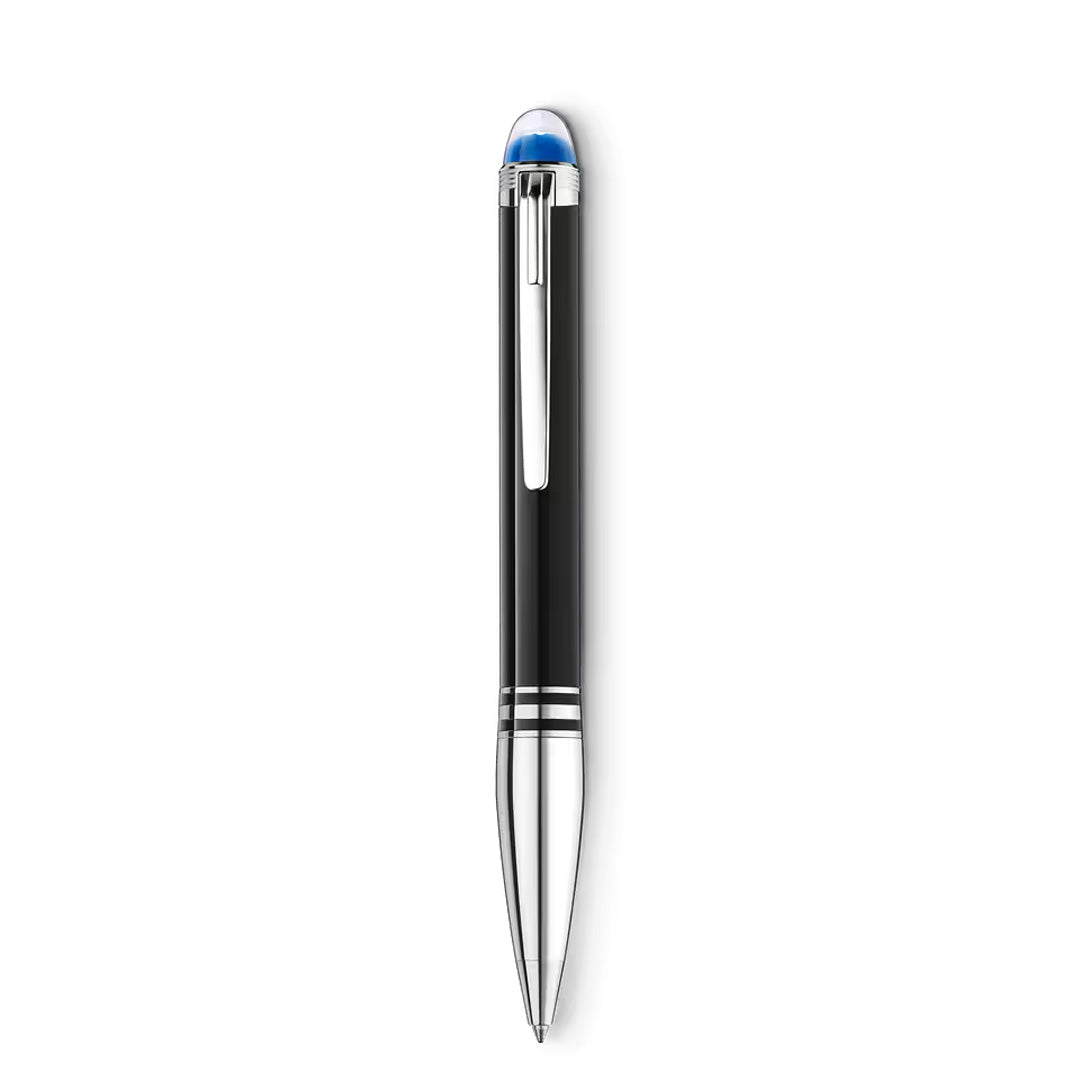 The Montblanc StarWalker Doue Ballpoint Pen by Montblanc, featuring a sleek black and silver design with a distinctive blue tip, is displayed vertically against a white background, capturing the spirit of space exploration.
