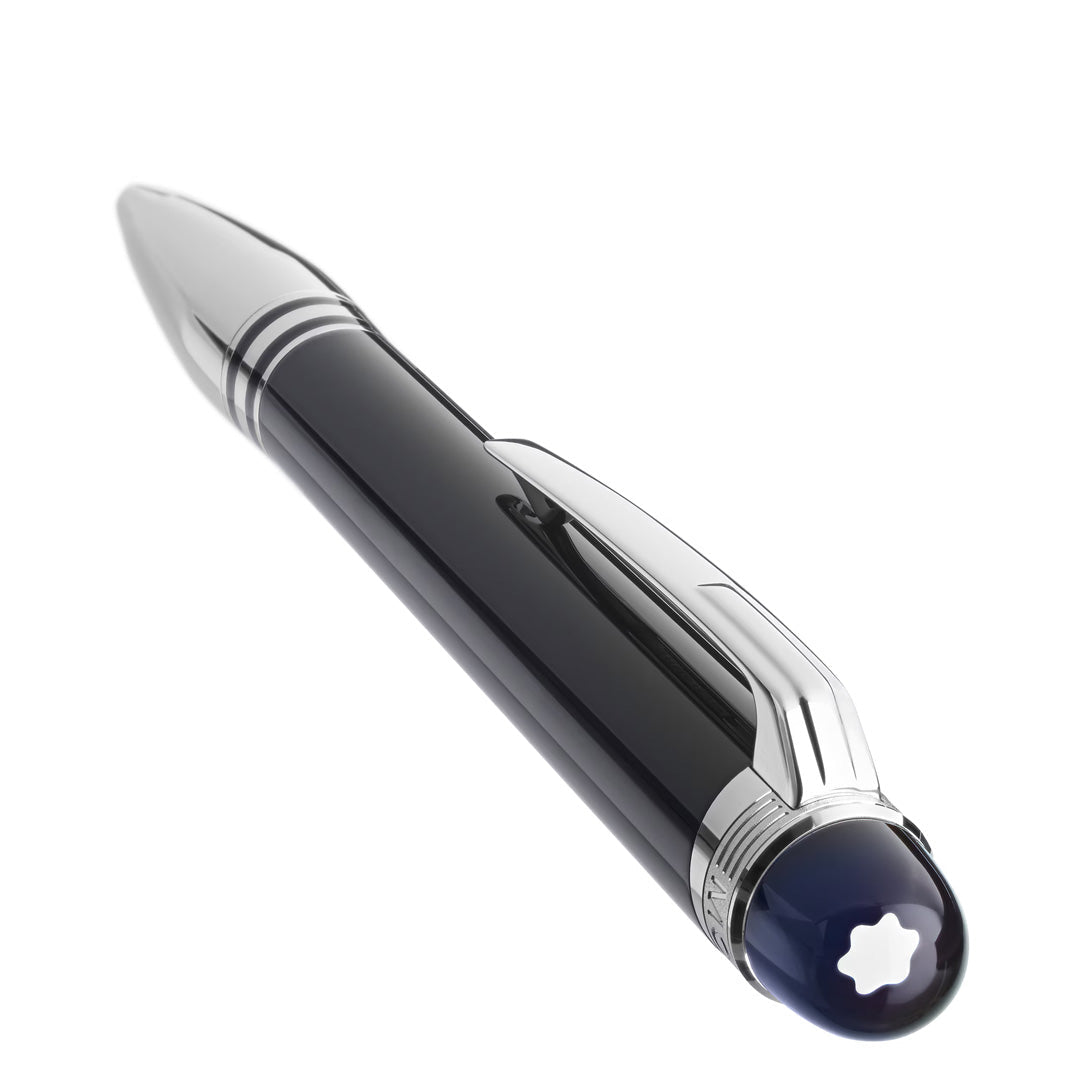 A close-up of the Montblanc StarWalker Doue Ballpoint Pen, a black luxury writing instrument with silver accents and the signature white star logo on its cap, from Montblanc’s renowned collection inspired by space exploration, photographed against a white background.