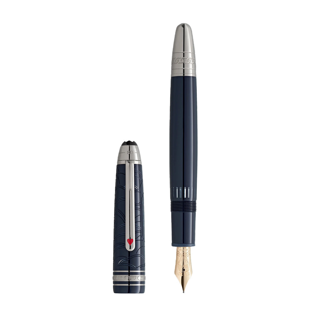 The Montblanc Meisterstuck Around the World in 80 Days Legrand Fountain Pen features a luxurious blue body with intricate silver cap patterns, a silver clip, and a gold nib, capturing the adventurous spirit of Jules Verne's classic tale.