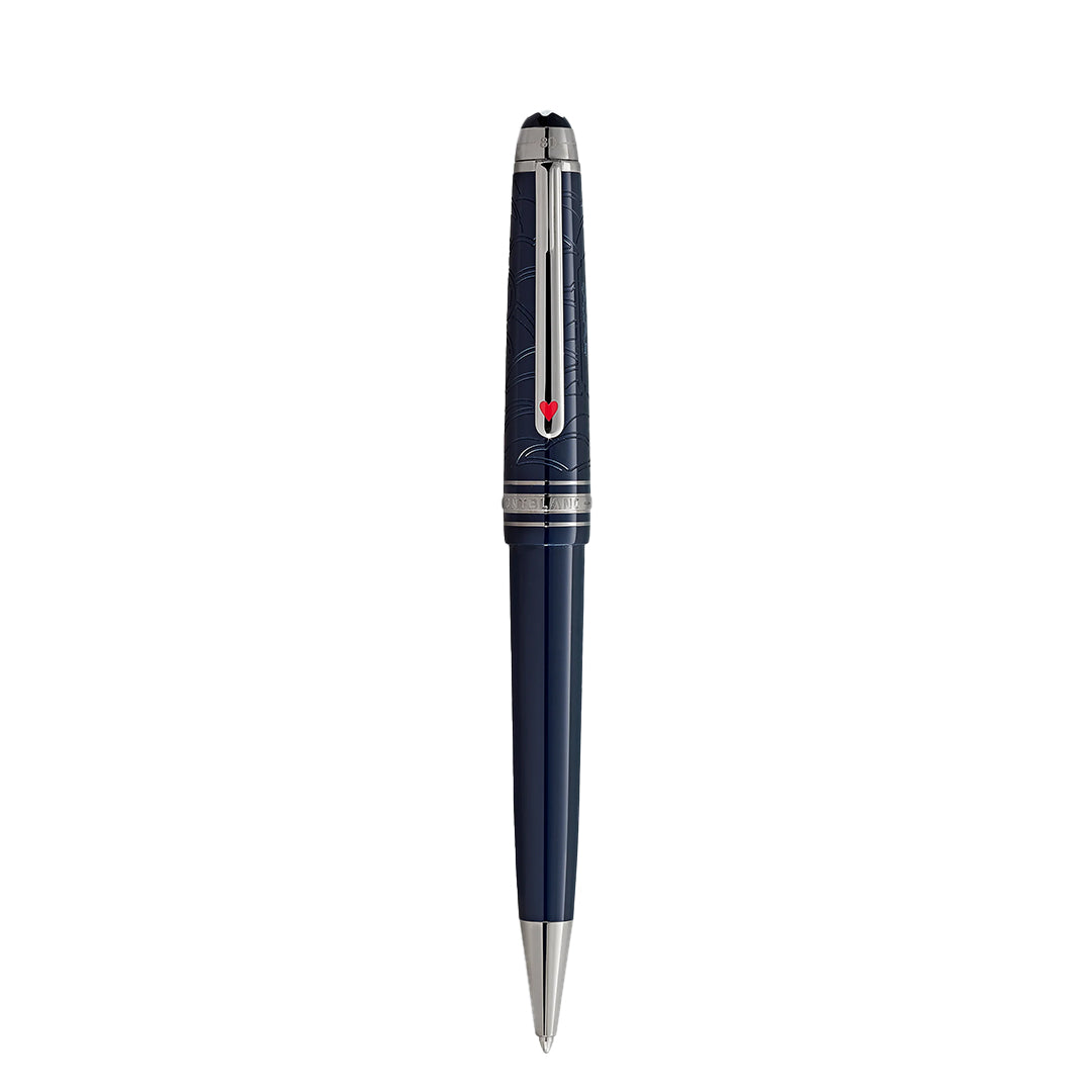 The Montblanc Meisterstück Around the World in 80 Days Classique Ballpoint Pen features a blue and silver design with engraved barrel patterns. It has a sleek elegance and a silver clip with a red accent, akin to an item Jules Verne could have cherished.