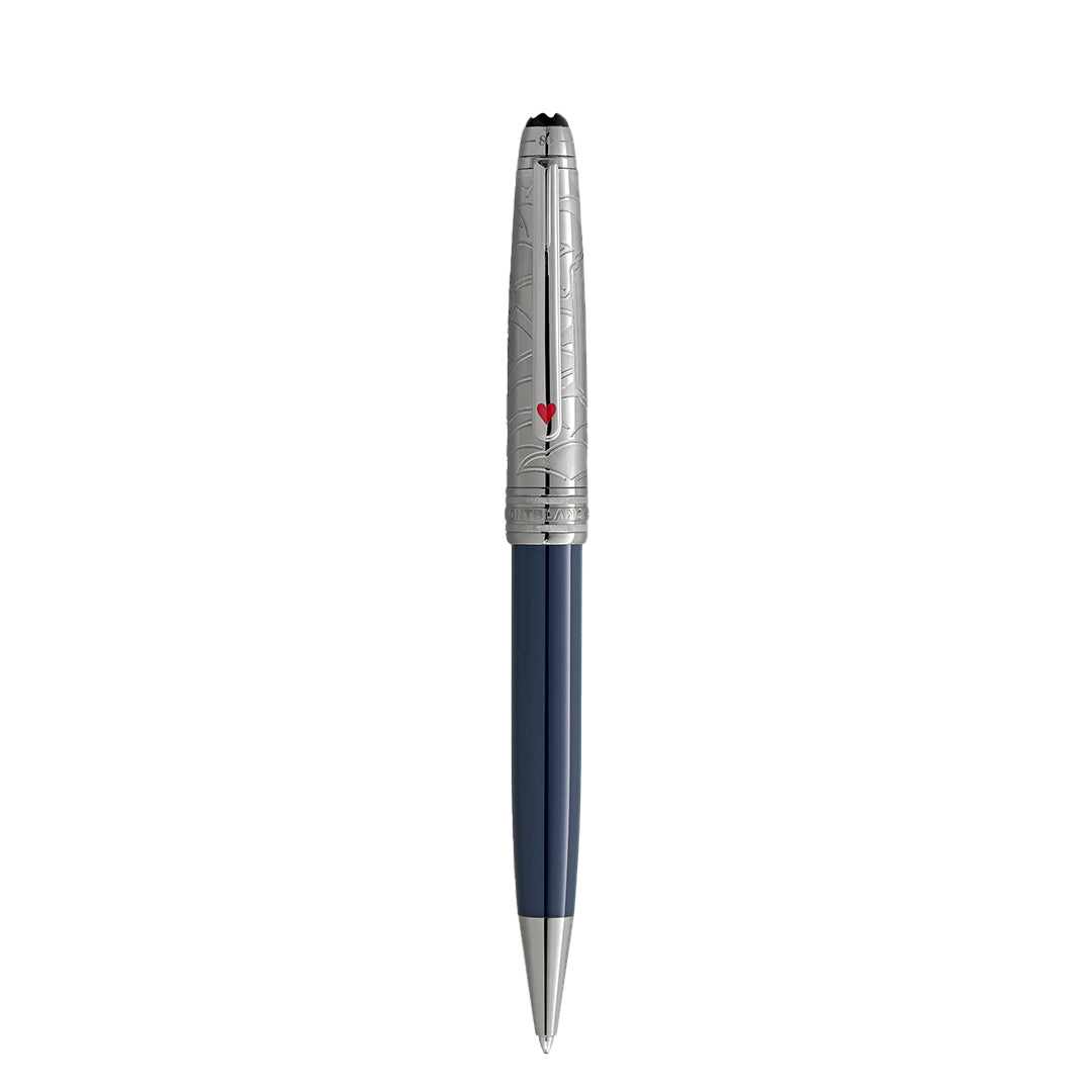 This luxurious Montblanc Meisterstuck Around the World in 80 Days Doue Classique Ballpoint Pen features a blue barrel, intricate silver cap with engraved patterns, and a small red heart, reminiscent of the elegance of Jules Verne's classic tale.