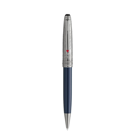 This luxurious Montblanc Meisterstuck Around the World in 80 Days Doue Classique Ballpoint Pen features a blue barrel, intricate silver cap with engraved patterns, and a small red heart, reminiscent of the elegance of Jules Verne's classic tale.