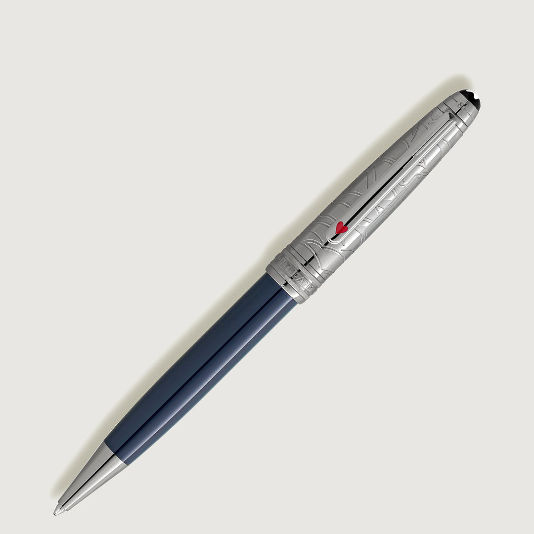 The Montblanc Meisterstück Around the World in 80 Days Doue Classique ballpoint pen features a navy barrel, silver cap with intricate patterns, and a red gemstone accent, embodying Jules Verne's adventurous spirit.