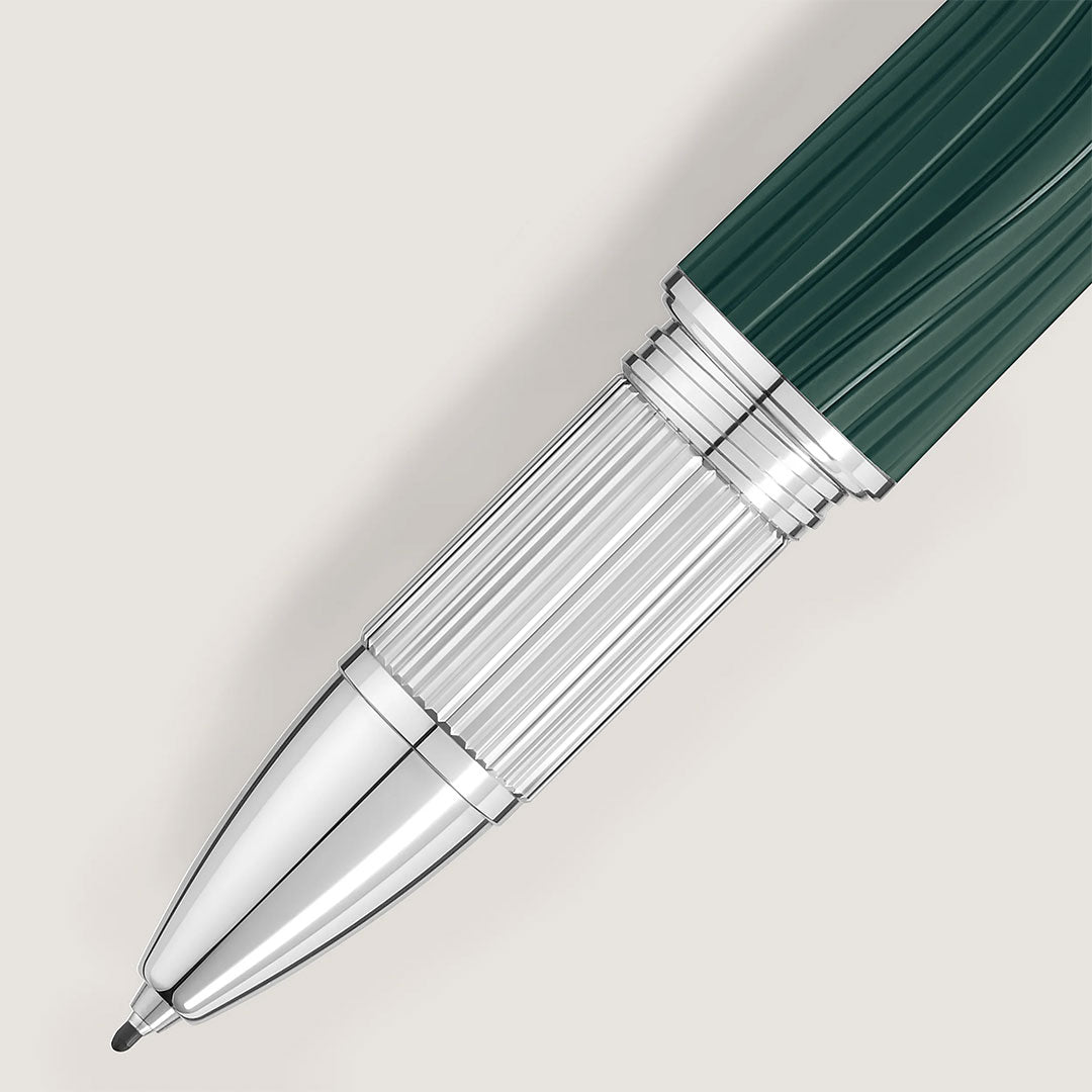 A close-up of the Montblanc Starwalker Polar Green Precious Resin Fineliner Pen shows its green ribbed barrel and shiny platinum grip and tip, set against a light background.