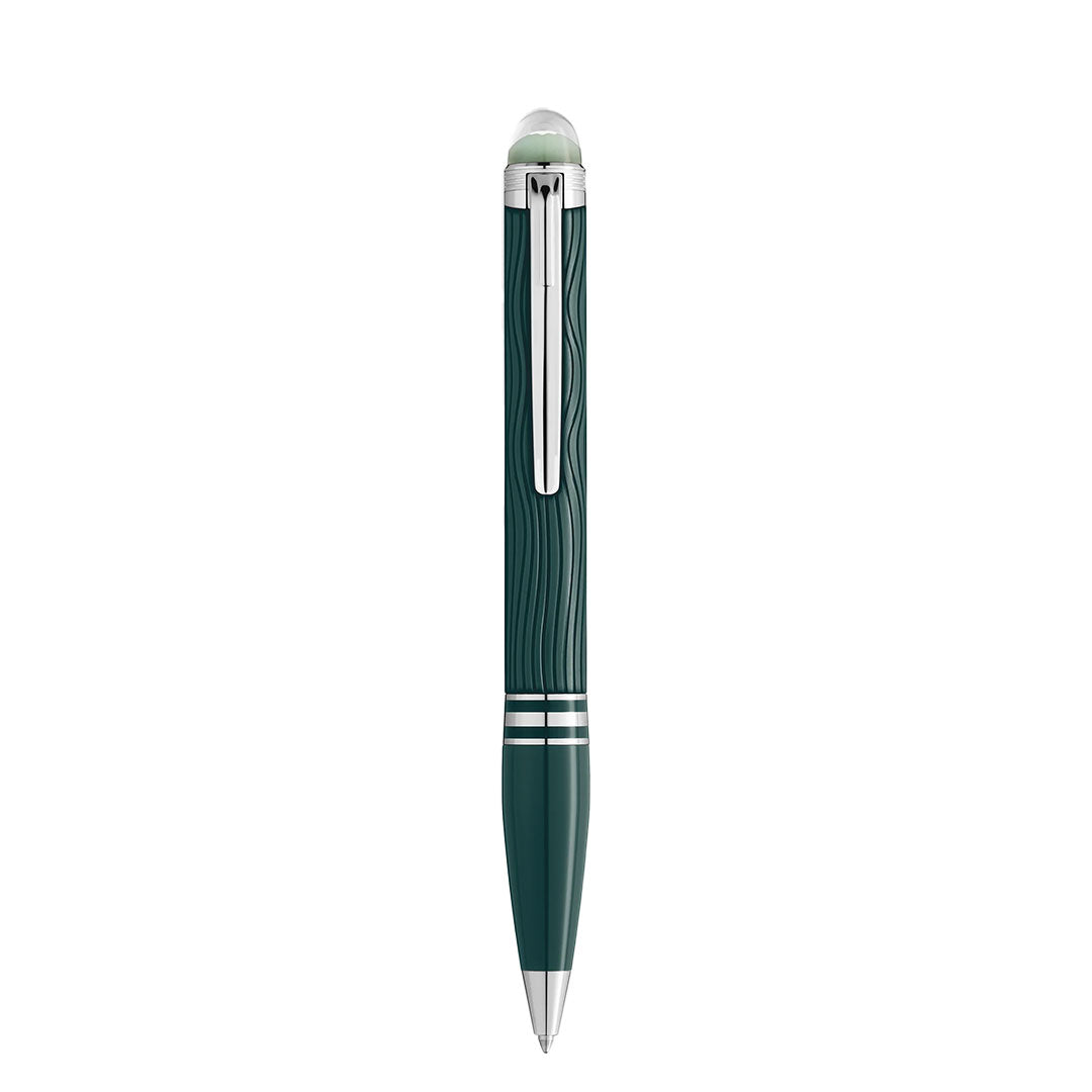 The Montblanc Starwalker Polar Green Precious Resin Ballpoint Pen features silver accents, a wavy textured barrel, and a silver clip, displayed vertically against a white background.