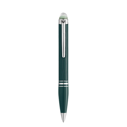 The Montblanc Starwalker Polar Green Precious Resin Ballpoint Pen features silver accents, a wavy textured barrel, and a silver clip, displayed vertically against a white background.