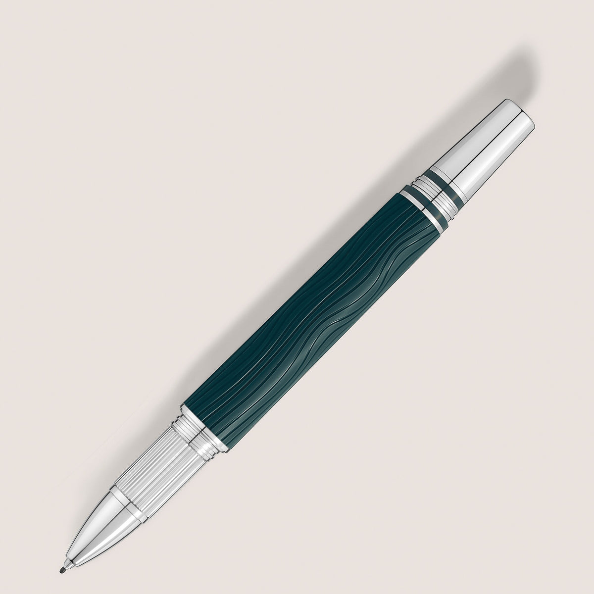 The Montblanc StarWalker PolarGreen Doue Fineliner Pen by Montblanc, featuring a black and silver wavy-textured barrel inspired by the Northern Lights, is displayed on a light background.