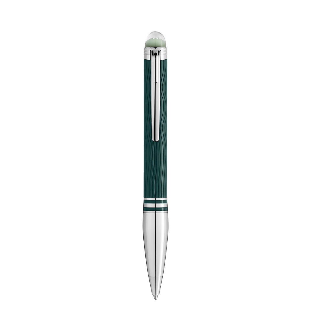 The Montblanc Starwalker Polar Green Precious Resin Doue Ballpoint Pen features a teal barrel with silver clip, tip, and three rings, subtle wavy patterns, and is displayed vertically on a white background.