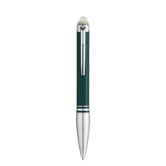 The Montblanc Starwalker Polar Green Precious Resin Doue Ballpoint Pen features a teal barrel with silver clip, tip, and three rings, subtle wavy patterns, and is displayed vertically on a white background.