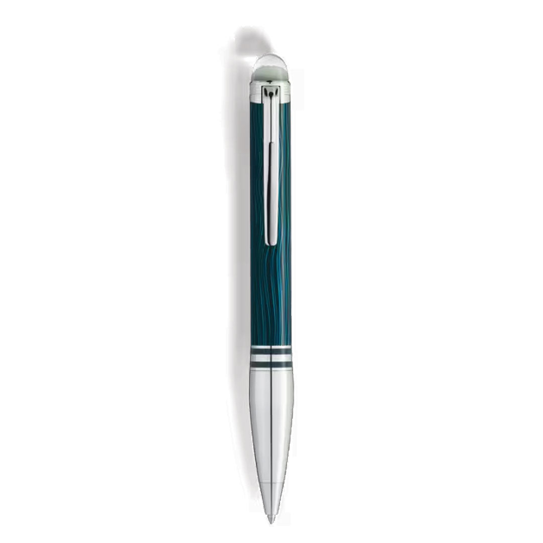 The Montblanc Starwalker Polar Green Ballpoint Pen features a teal, wavy-patterned barrel inspired by the Northern Lights with silver accents and clip, shown vertically on a white background.