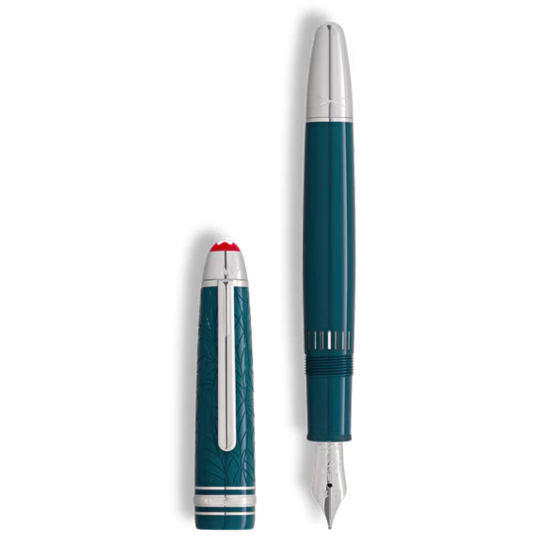 The Montblanc Meisterstück Romeo & Juliet LeGrand Fountain Pen by Montblanc is shown uncapped, its nib and engraved cap displayed side by side—a refined luxury writing instrument.