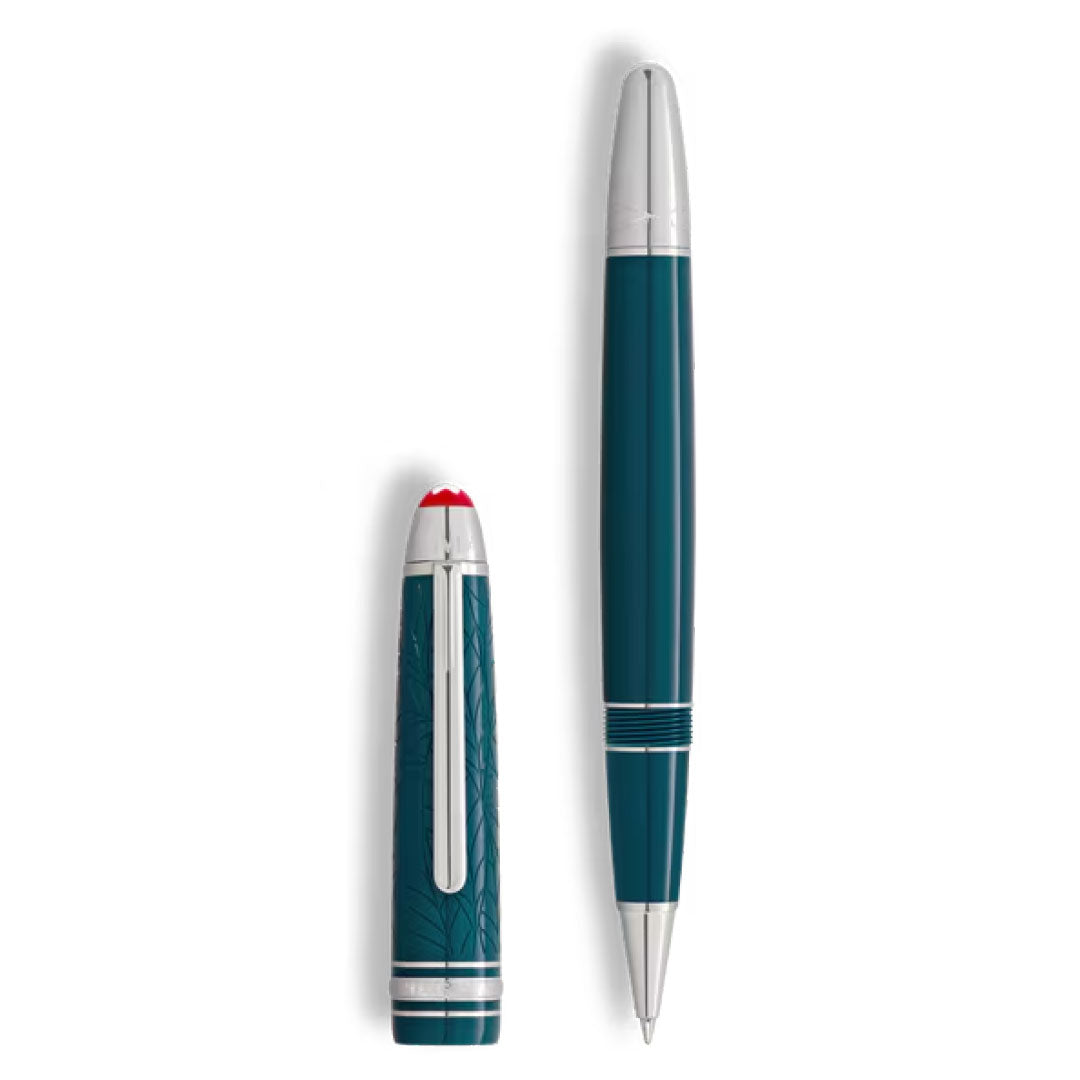 The Montblanc Meisterstuck Romeo & Juliet Midsize Ballpoint Pen features teal resin, a silver-engraved cap with a red top, and is shown on a white background.
