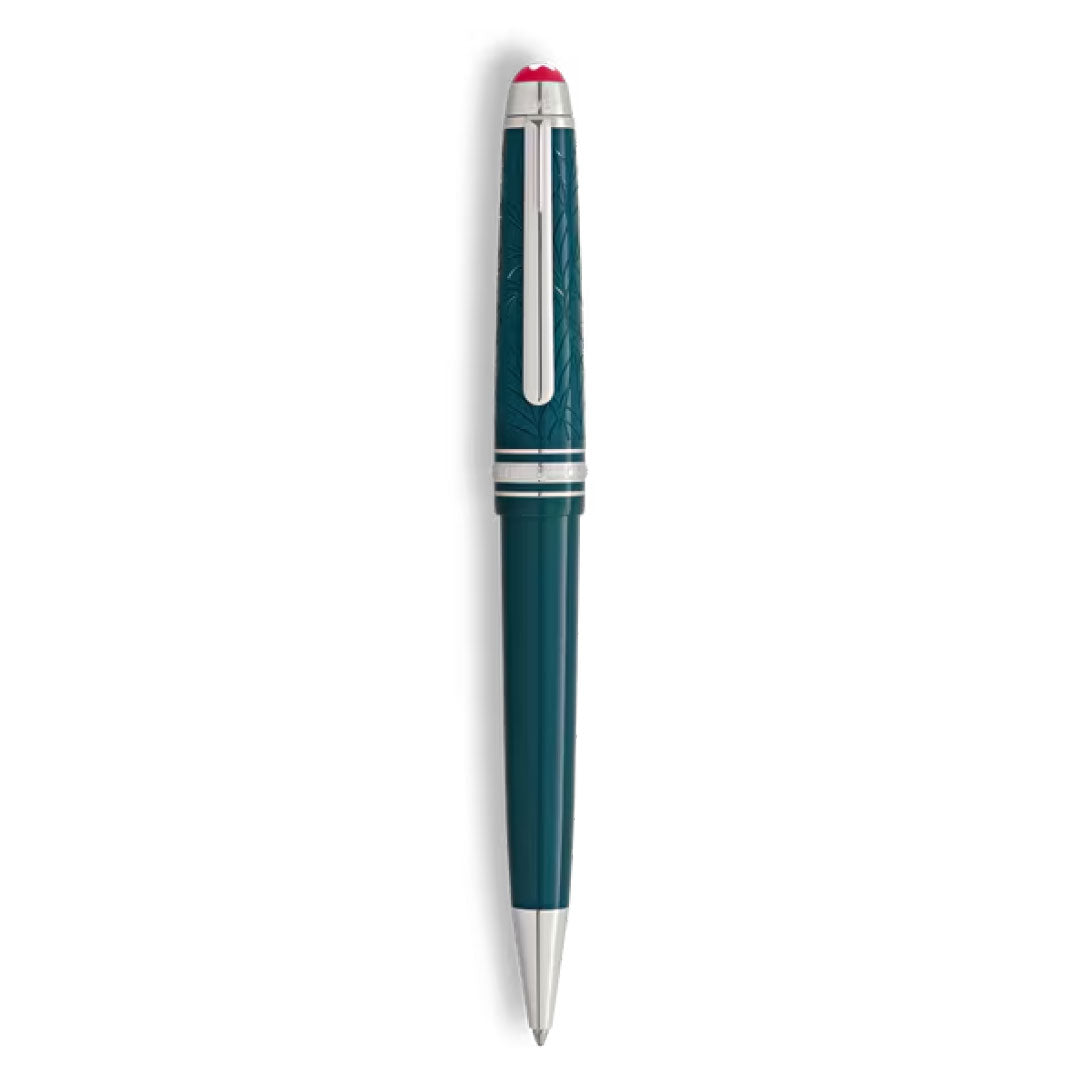 The Montblanc Meisterstuck Romeo & Juliet LeGrand Rollerball Pen features a teal body, silver accents, a cap clip, and a red top, displayed against a white background.