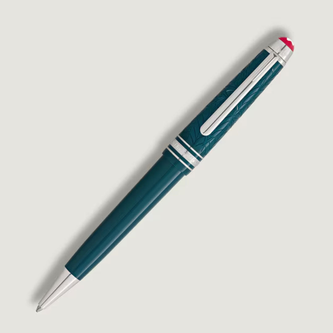 The Montblanc Meisterstück Romeo & Juliet LeGrand Rollerball Pen features a teal body, silver accents, a silver clip, and a red detail on the cap, displayed against a plain light background.