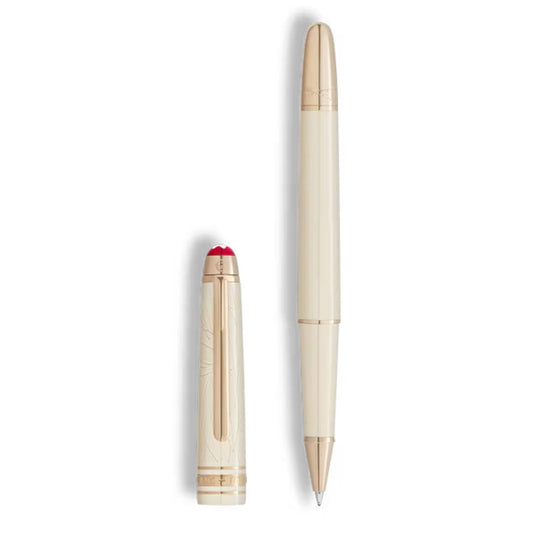 The Montblanc Meisterstück Romeo & Juliet Classique Rollerball Pen features ivory-coloured precious resin, gold accents, and a red-tipped cap, shown here with the cap removed and placed beside the pen.