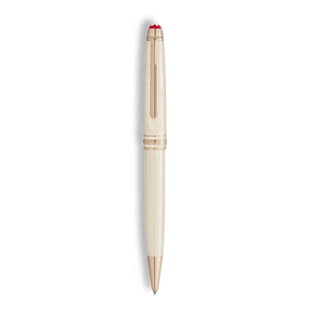 The Montblanc Meisterstuck Romeo & Juliet Classique Ballpoint Pen features ivory-colored resin, a gold clip, and a red accent on the cap, elegantly presented on a white background.