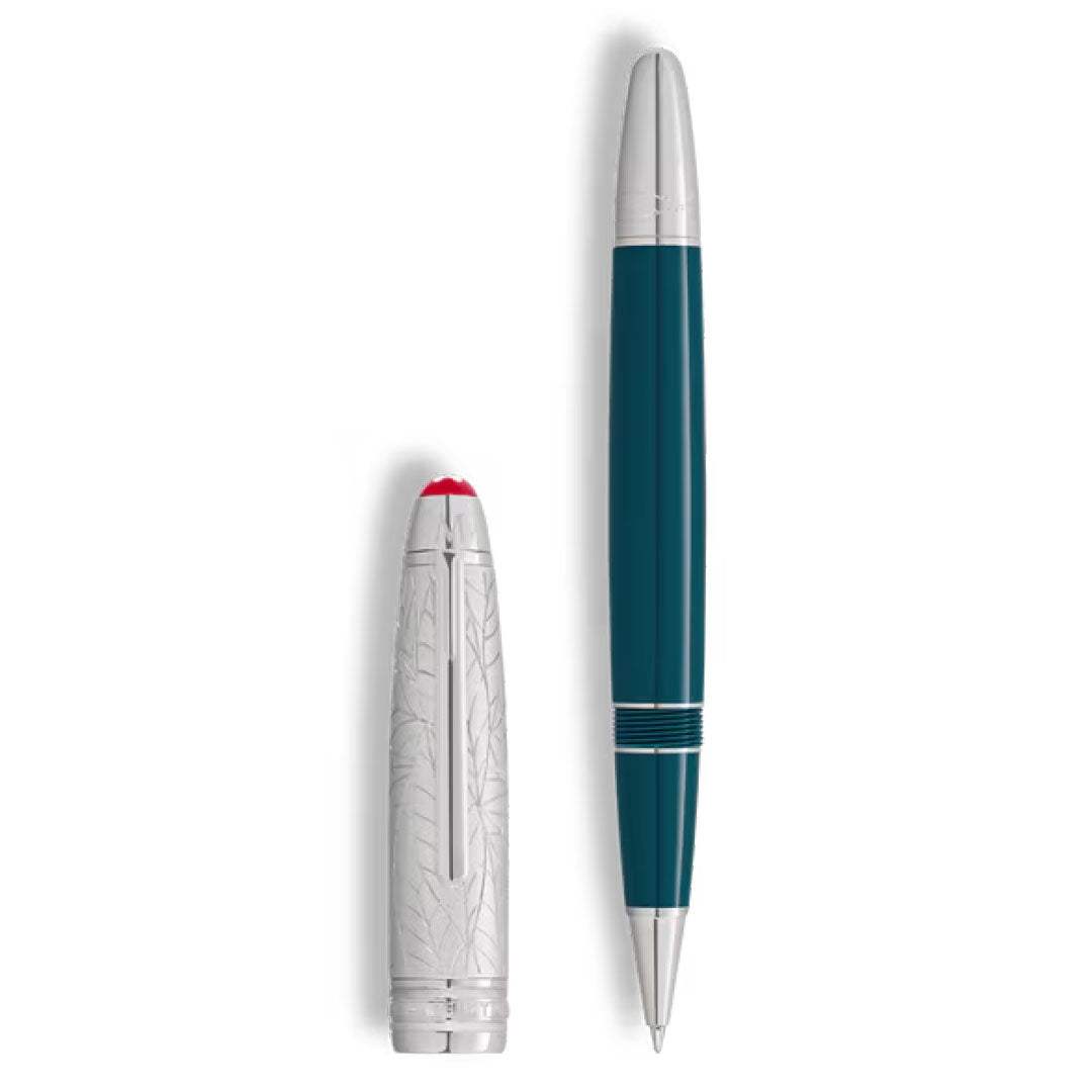The Montblanc Meisterstuck Romeo & Juliet LeGrand Rollerball Pen features a shiny silver cap with an engraved leaf pattern and red tip, displayed beside a blue precious resin barrel pen with silver accents, both on a white background.